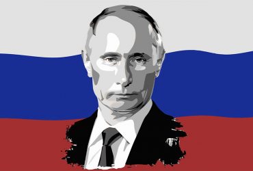 Grafika znázorňuje Vladimíra Putina s ruskou vlajkou v pozadí