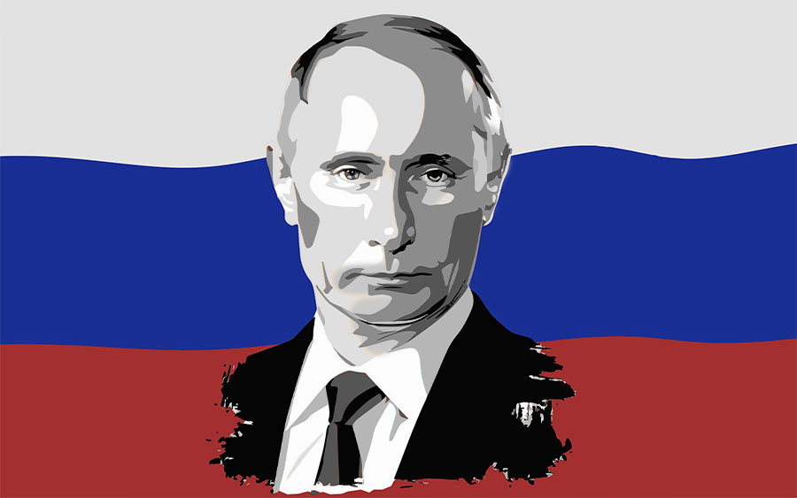 Grafika znázorňuje Vladimíra Putina s ruskou vlajkou v pozadí