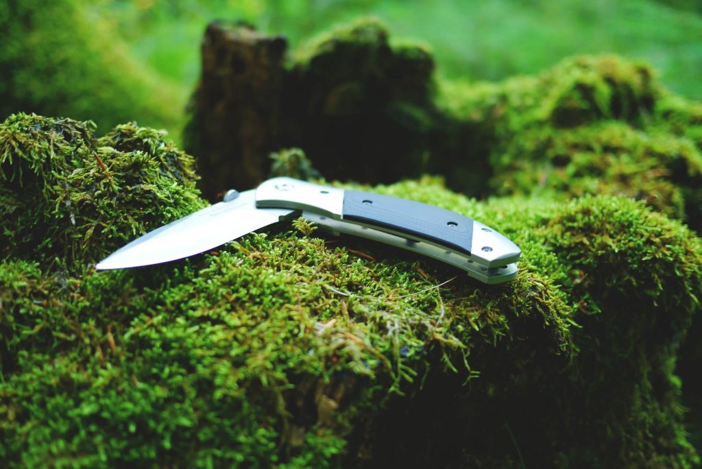 lovecký nůž leží v lese na pařezu