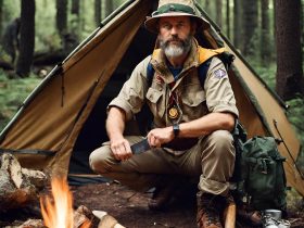 muž táboří v lese a propaguje bezpečný pobýt v přírodě